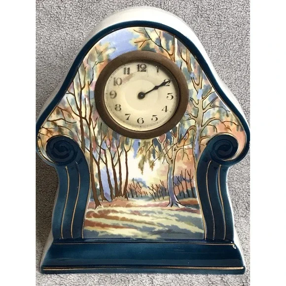 Vintage Landscape Painted Pottery Mantle Clock Germany Decor Art Nouveau